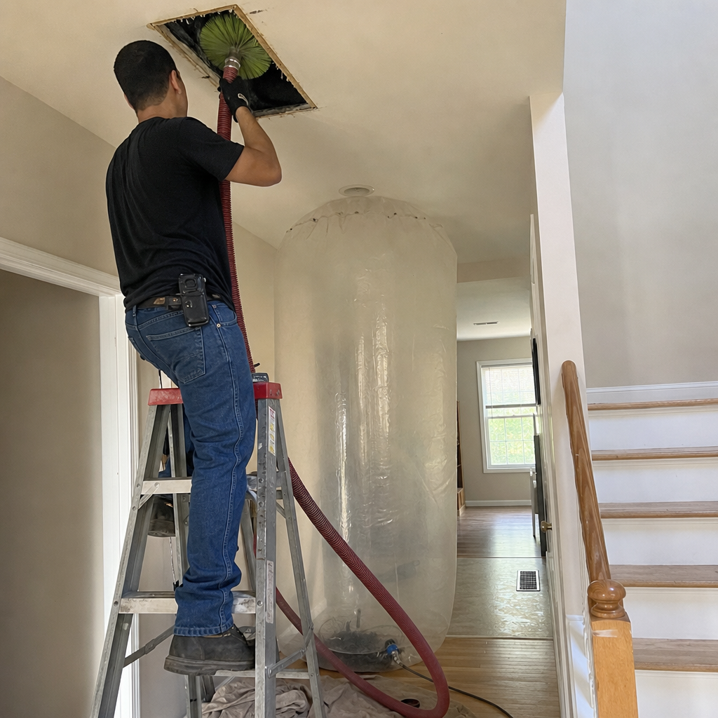 Technician using professional equipment for residential air duct cleaning
