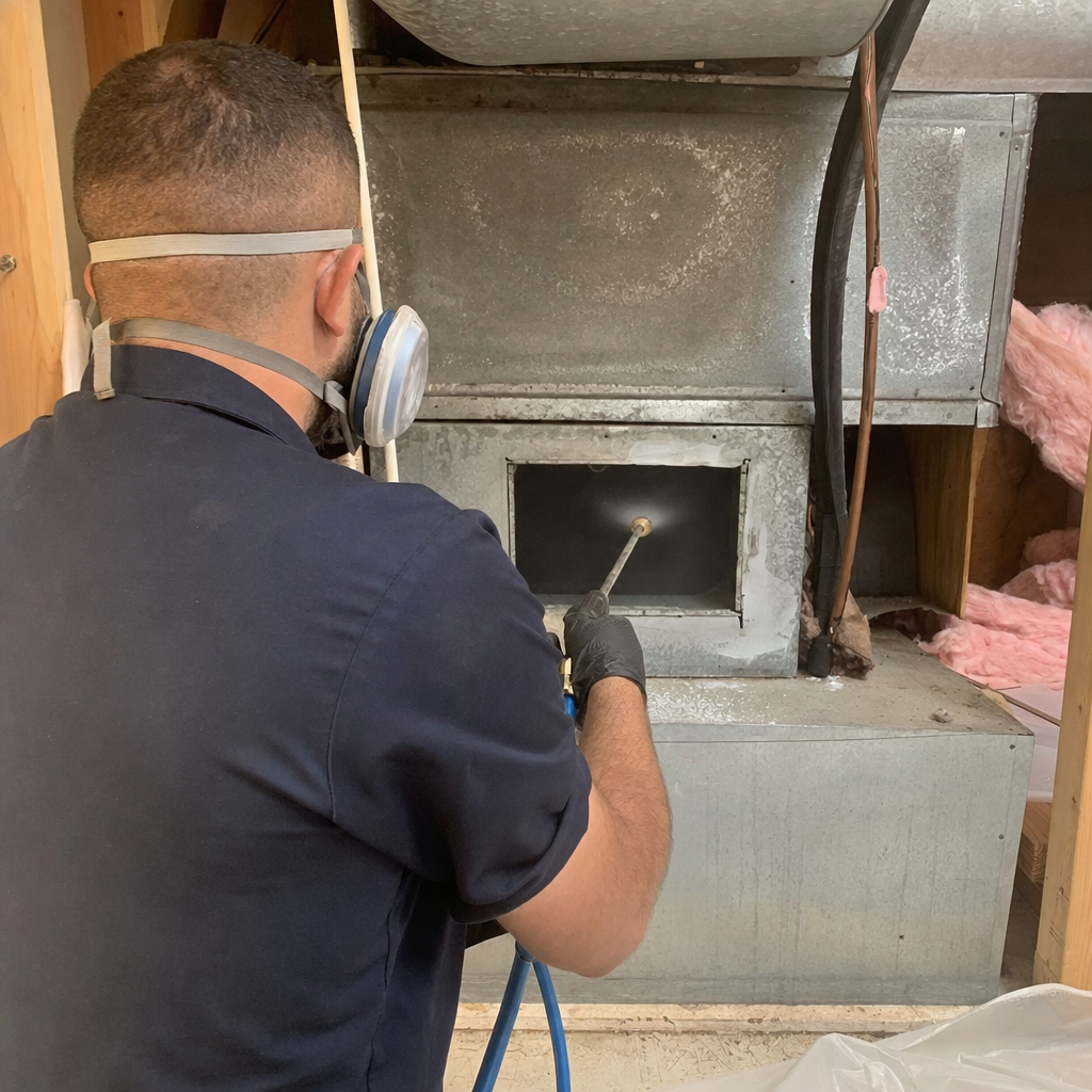 Technician performing professional air duct sanitizing and cleaning services