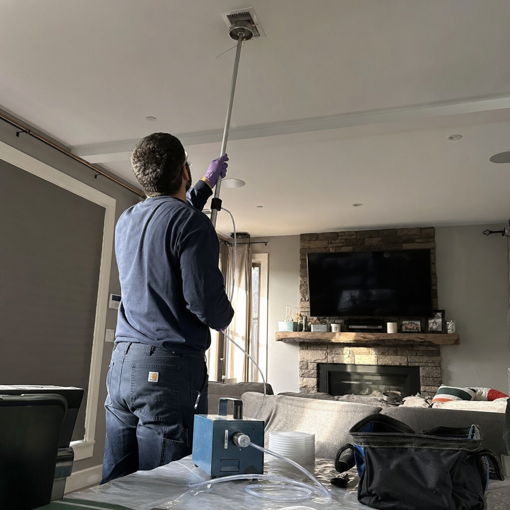 Technician performing professional indoor air quality testing and duct sanitizing