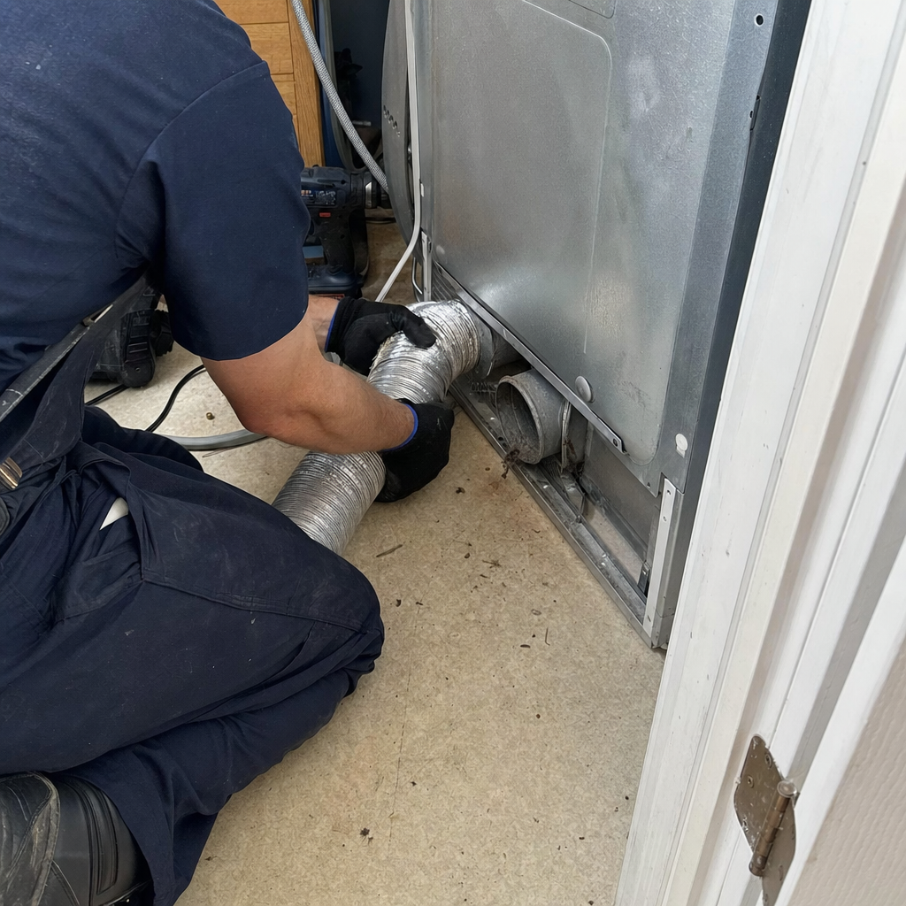 Technician performing professional dryer vent cleaning service