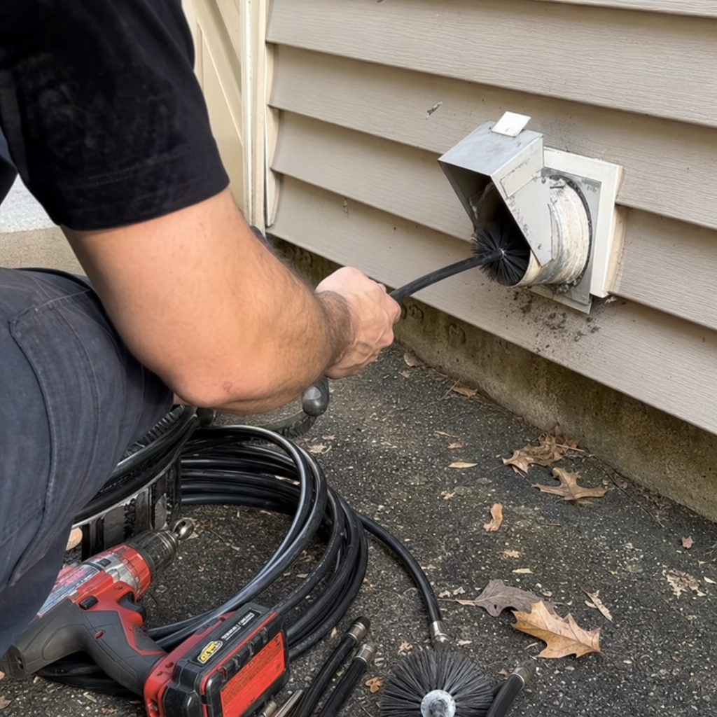 Technician using a rotating brush tool for residential dryer vent cleaning.