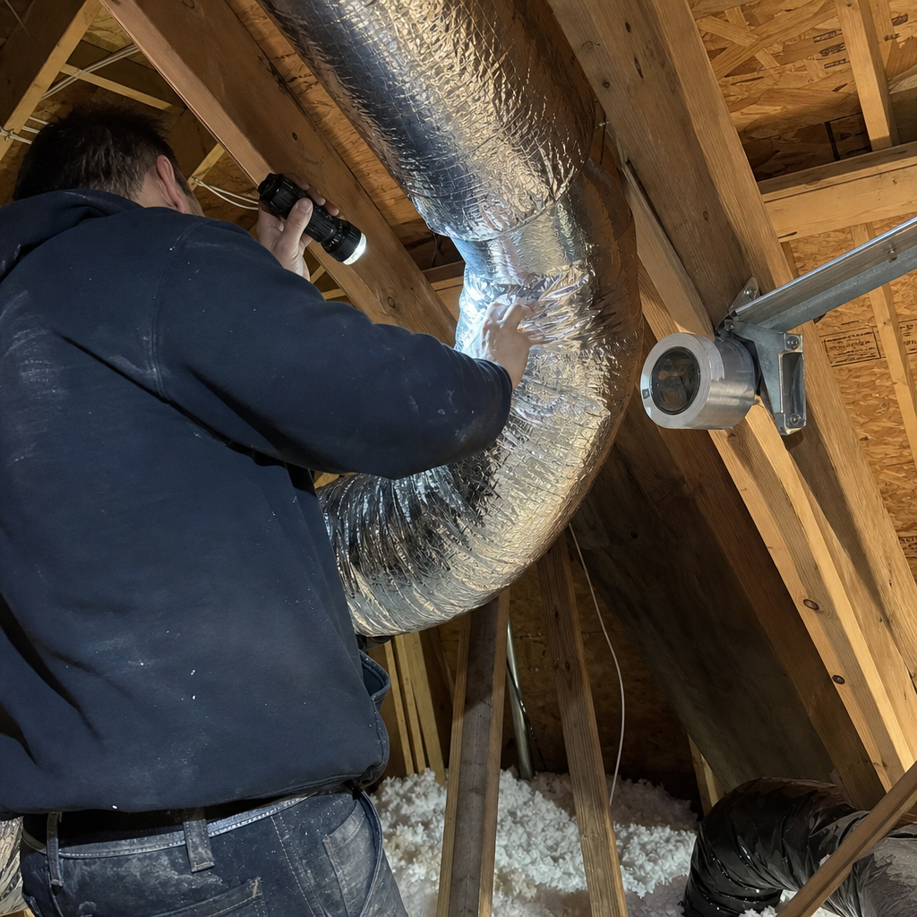Professional technician performing HVAC duct repair and sealing in an attic