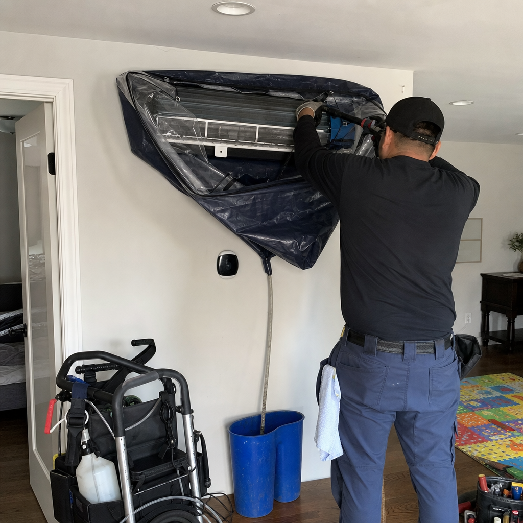 HVAC technician deep cleaning a wall-mounted mini-split air conditioning unit