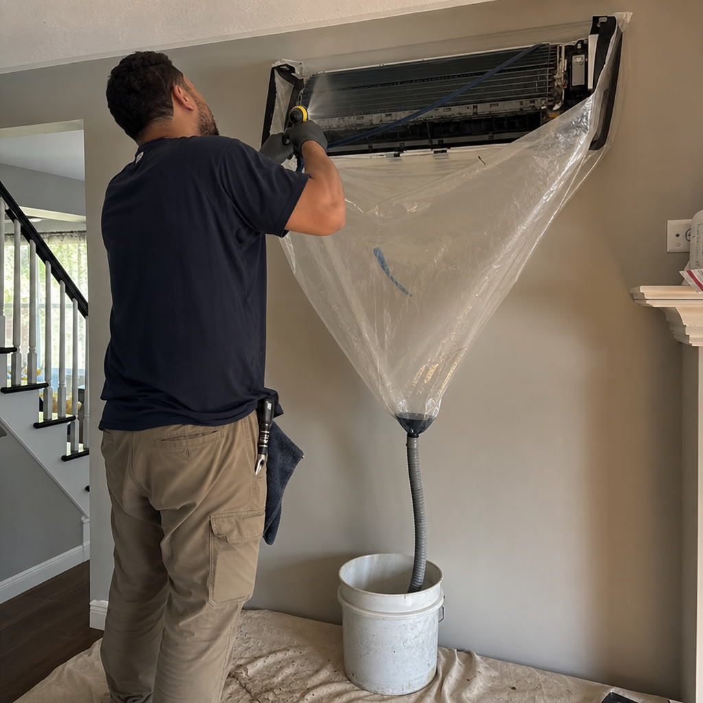 Technician performing professional wall-mounted HVAC unit deep cleaning and sanitization